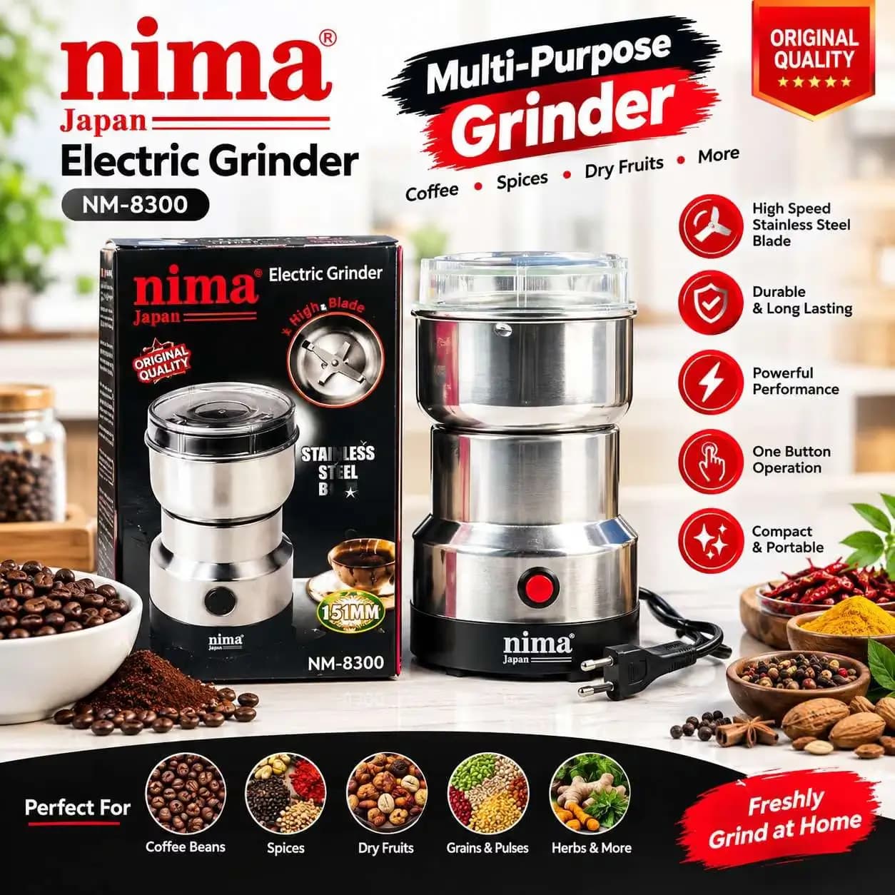 Nima Japan NM-8300 Electric Grinder – 150W Stainless Steel Bowl